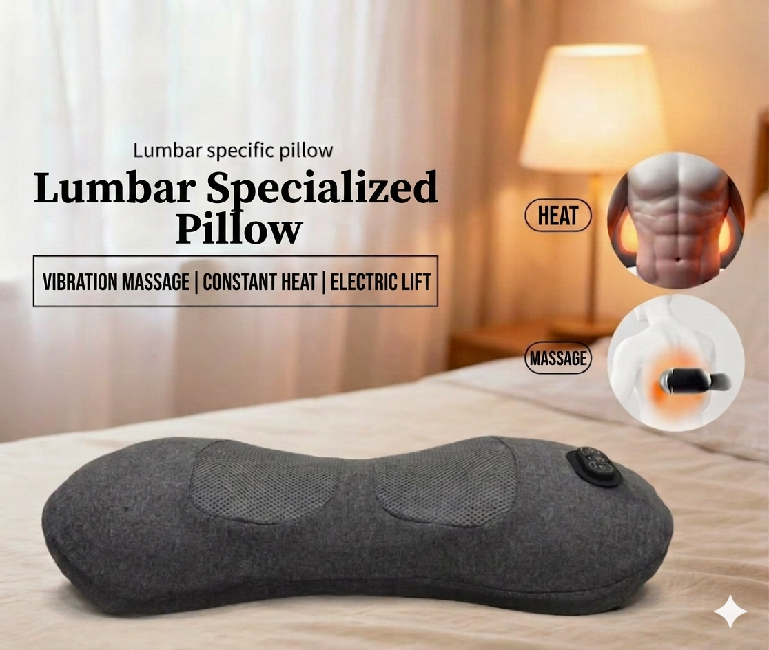 Relieve pain with this ergonomically designed electric lumbar massage pillow - 3D kneading, heated support, suitable for office, car, and home use.