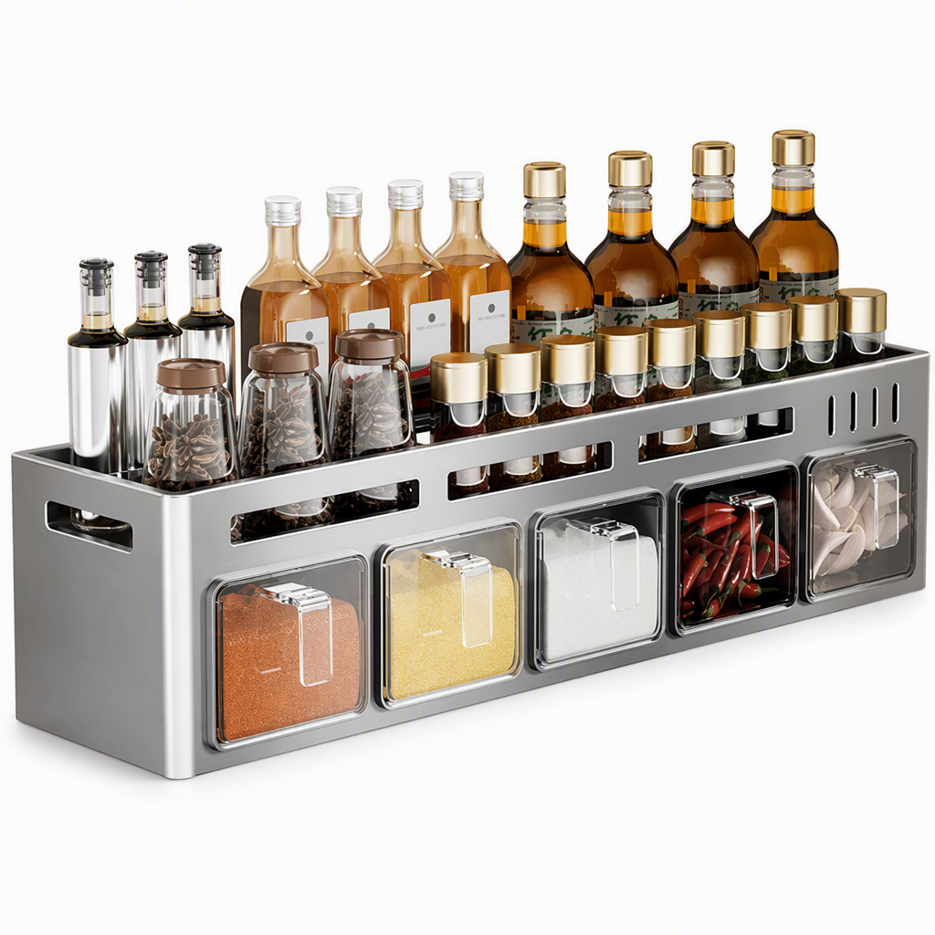 No‑Drill Wall‑Mounted Spice Rack with Condiment Jars & Spoons