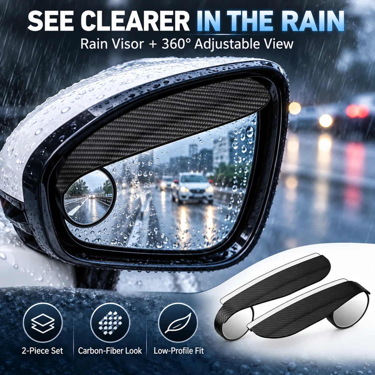 💥Buy 1, Get 1 Free 🚗2-Pack Car Rearview Mirror Rain Guards (with Adjustable Blind-Spot Mirrors)