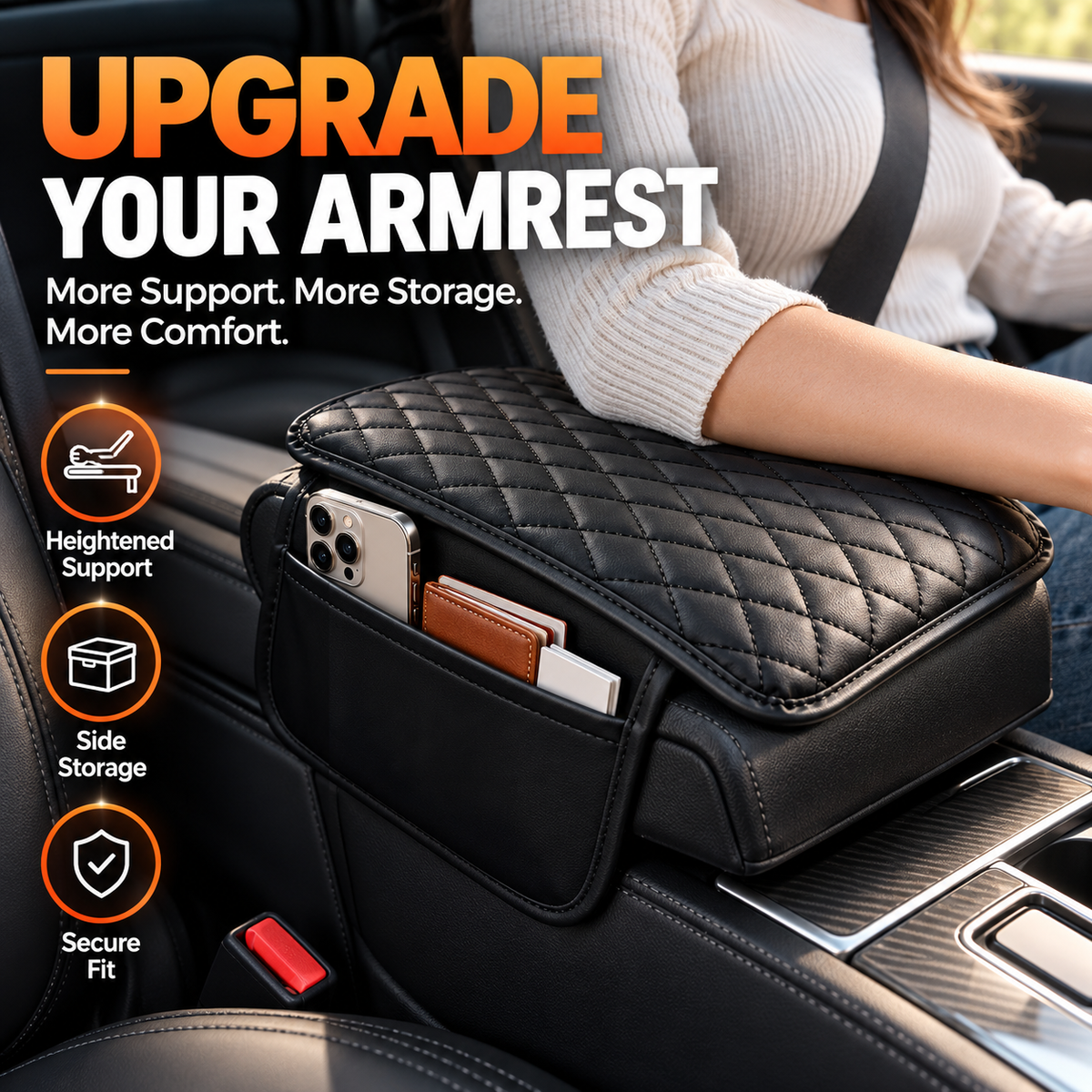 🔥Car Armrest Cushion With Dual Side Pockets｜Comfort & Extra Storage For Your Car