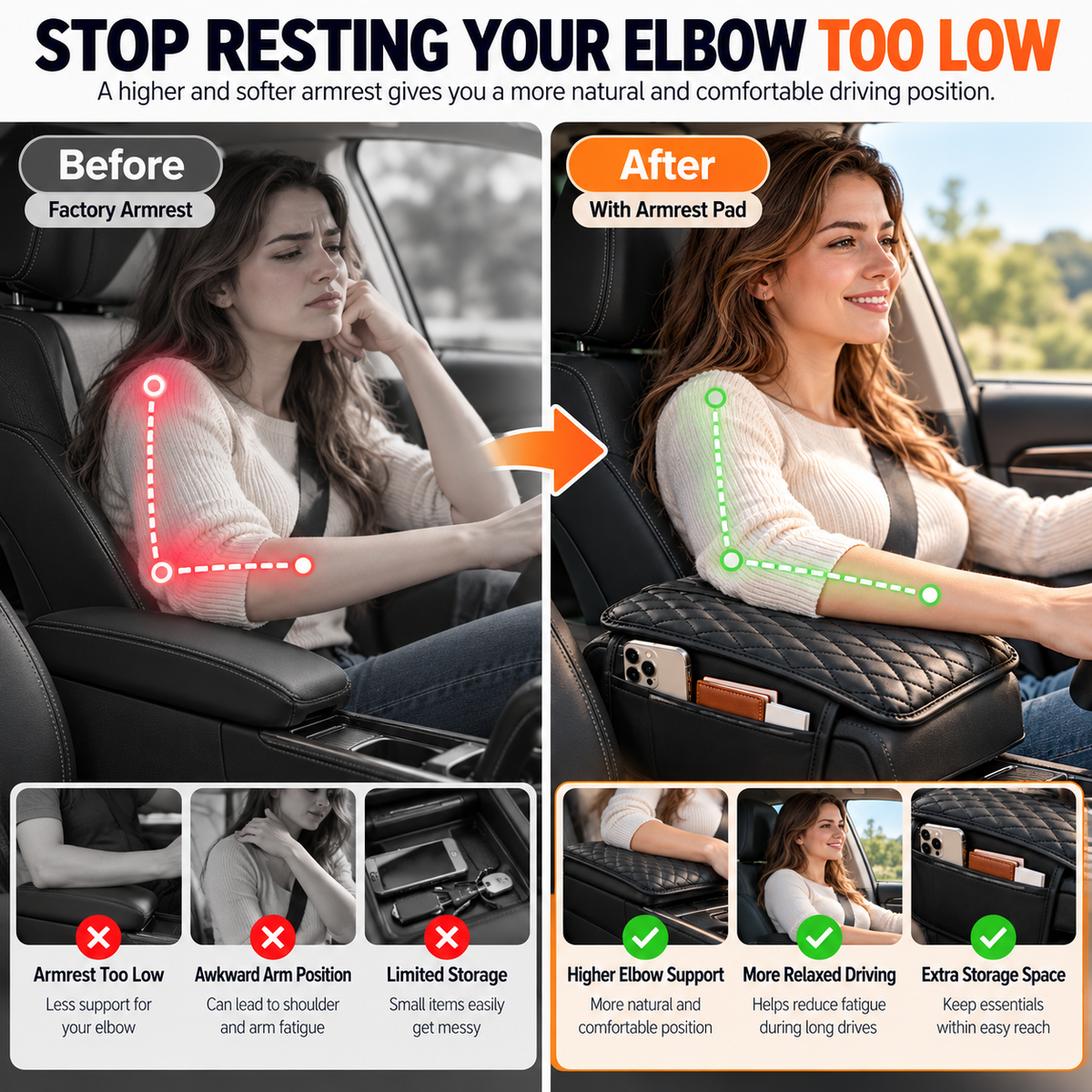 🔥Car Armrest Cushion With Dual Side Pockets｜Comfort & Extra Storage For Your Car