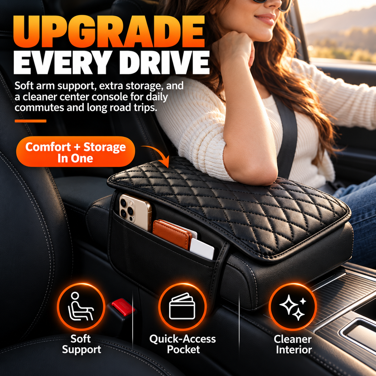 🔥Car Armrest Cushion With Dual Side Pockets｜Comfort & Extra Storage For Your Car