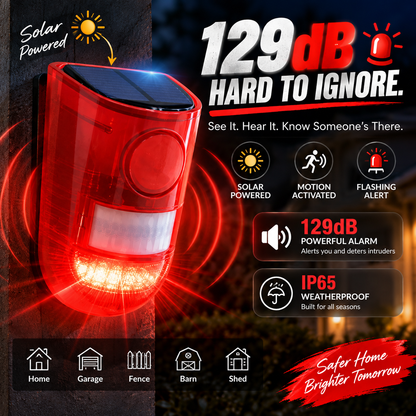 🔥Solar Outdoor Motion Sensor Alarm - Dog Barking & Gunshot Sound, Support Recording and Volume Adjustment, 130dB Noise with Flashing Light to Deter Raccoon, Deer, Skunk, Bear, Coyote