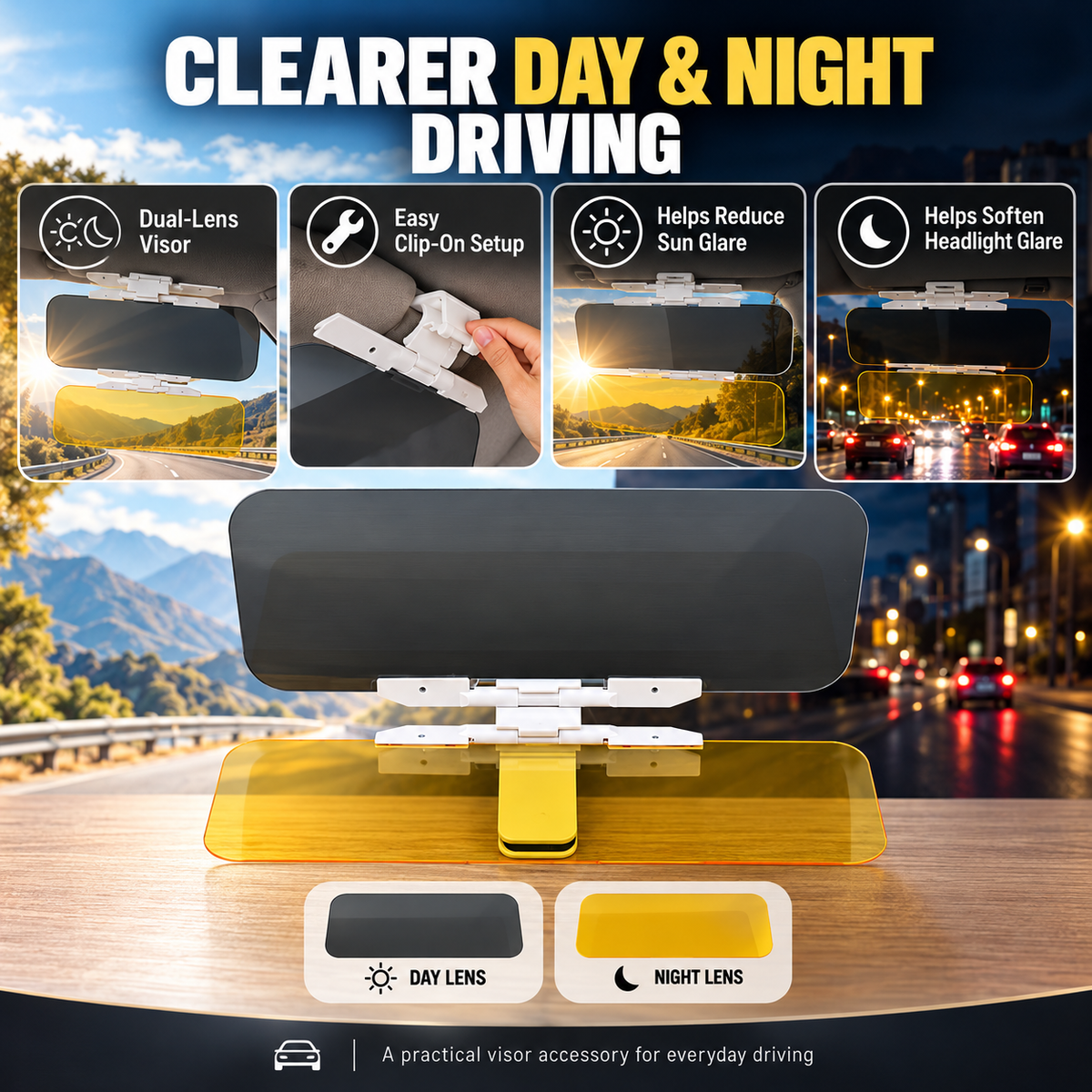 ⏳ Limited-Time Buy 1 Get 1 Free ⏰ Universal HD Anti-Glare Car Sun Visor (Day & Night Use)
