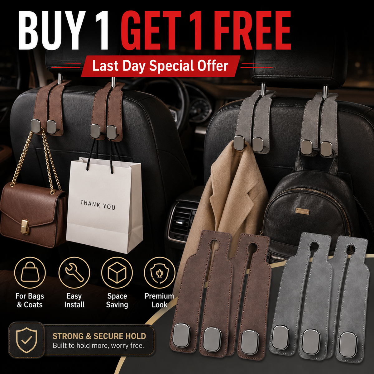 🚗stylish seat hooks – 10-second install, zero clutter.