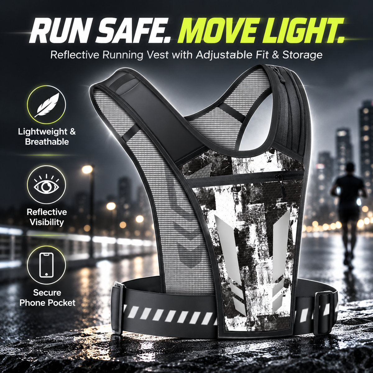 Lightweight Adjustable Reflective Running Vest with Phone Pocket Breathable Mesh Jogging for Men Women