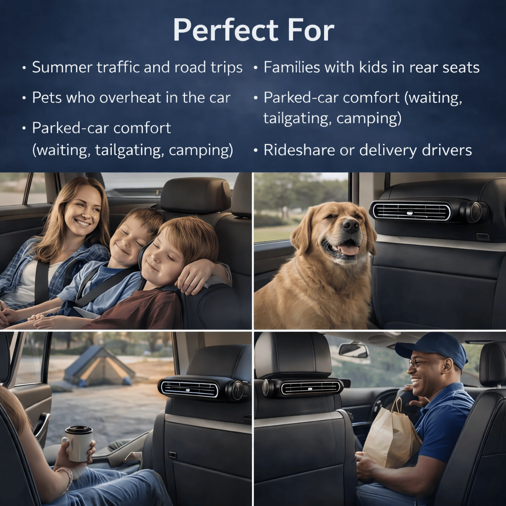 🔥 Wireless Universal Car Seat Cooling Fan for Front & Back Seats, Heat Relief Air Ventilation Cushion Fan Stop Sweaty Sticky Backs on Hot Summer Drives