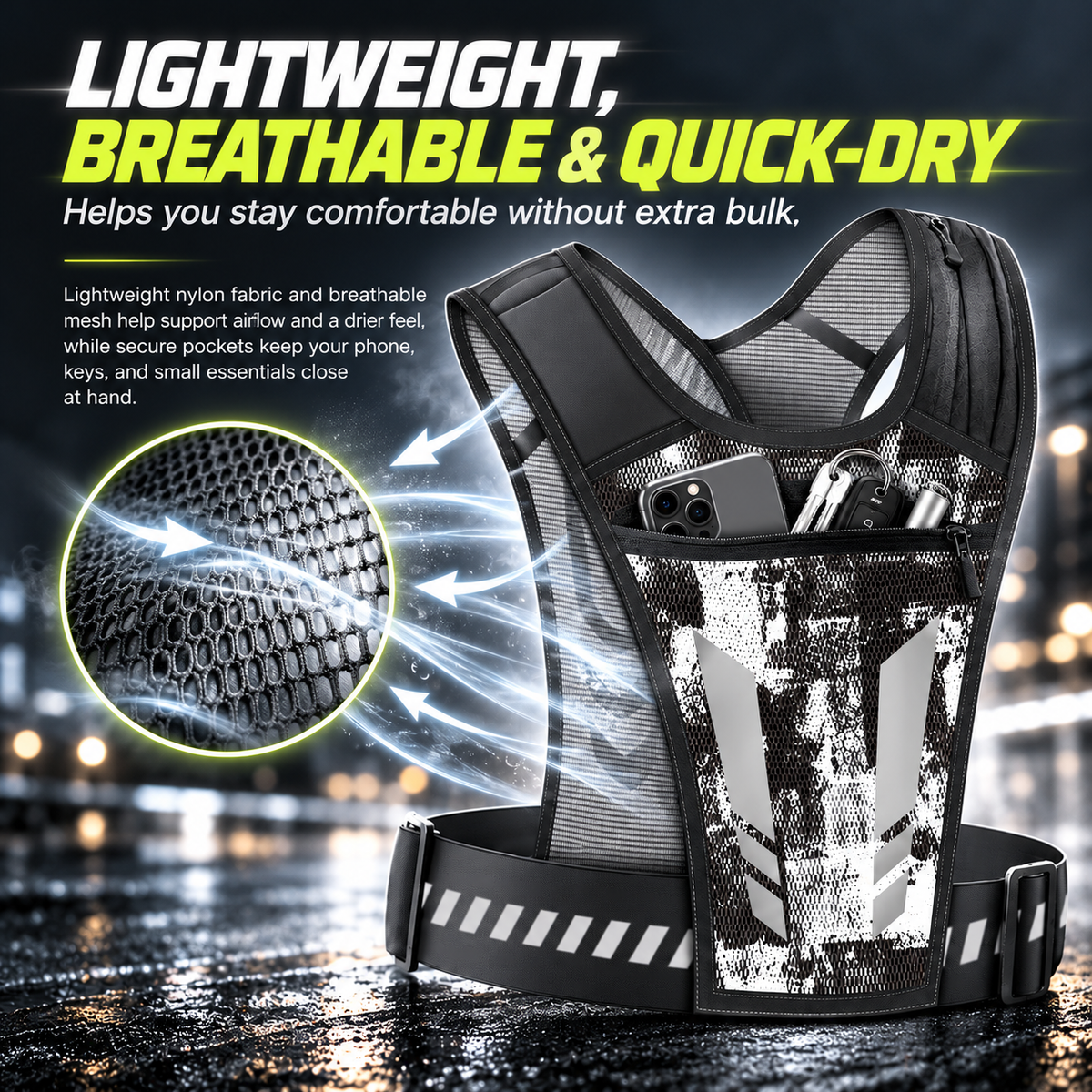 Lightweight Adjustable Reflective Running Vest with Phone Pocket Breathable Mesh Jogging for Men Women