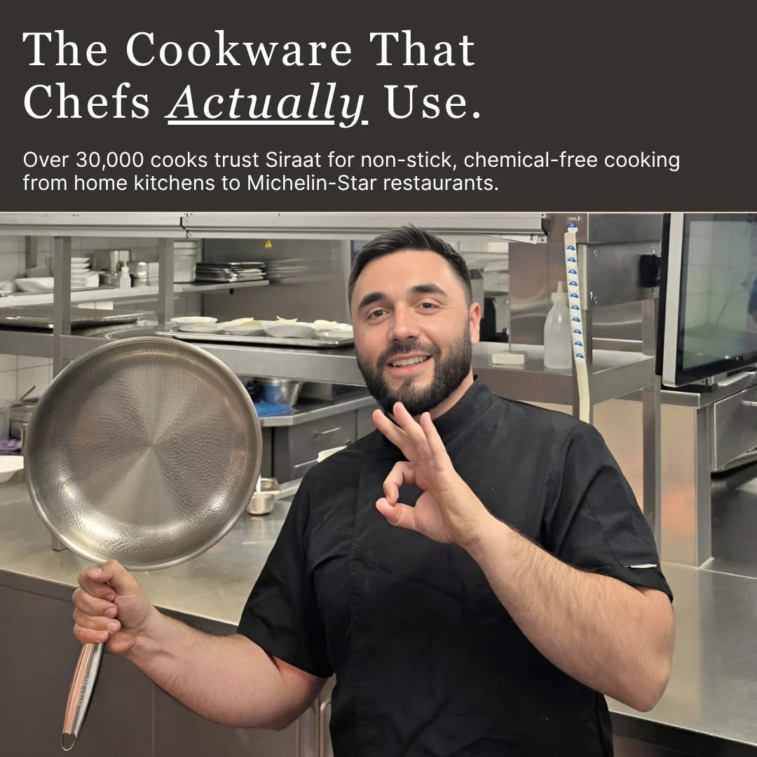 Chef holding a Siraat Titanium Hammered Pan Pro Large, the cookware chefs actually use, okay sign