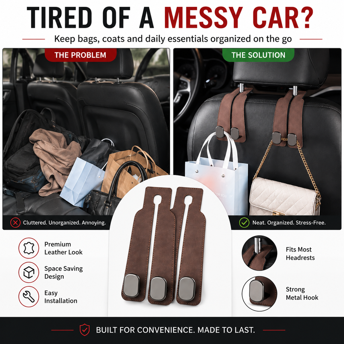 🚗stylish seat hooks – 10-second install, zero clutter.