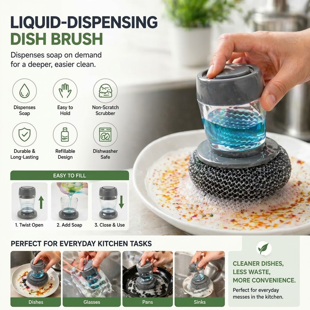 💥Buy 1, Get 1 Free  🧼Plastic Auto-Dispense Dish Brush- Multifunctional Pot Scrubber