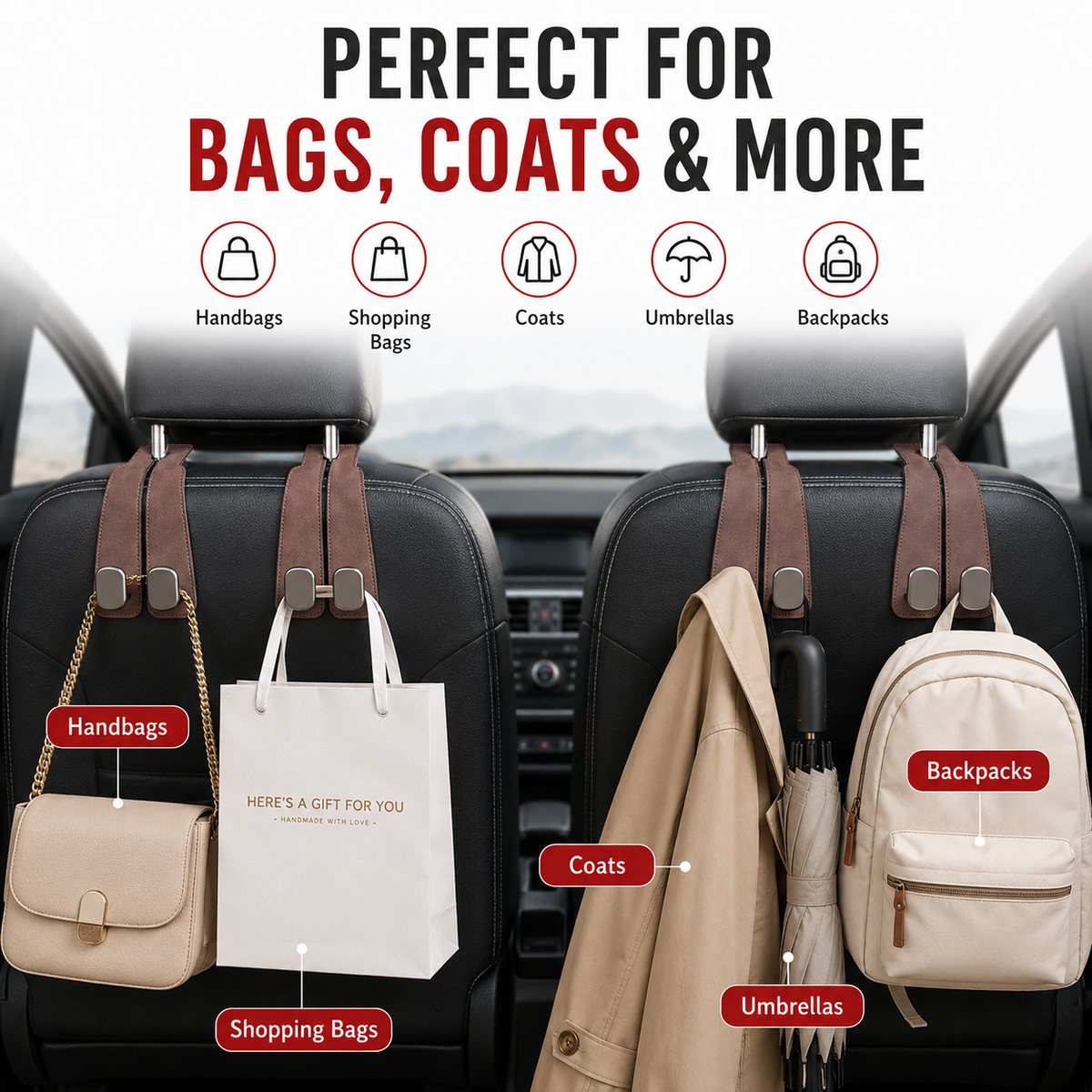 🚗stylish seat hooks – 10-second install, zero clutter.