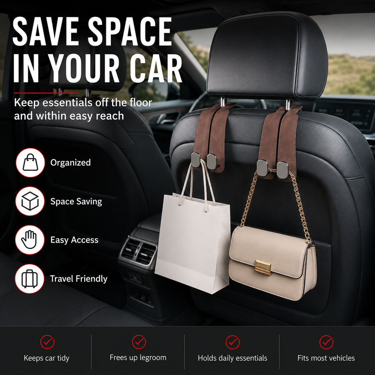 🚗stylish seat hooks – 10-second install, zero clutter.
