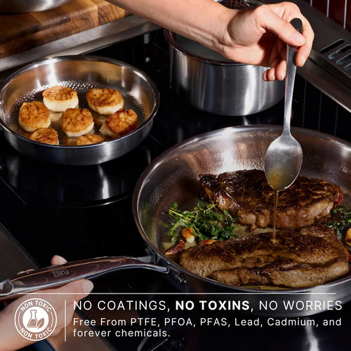Steaks and scallops in Siraat titanium hammered pans, free from PTFE, PFOA, PFAS, lead and cadmium
