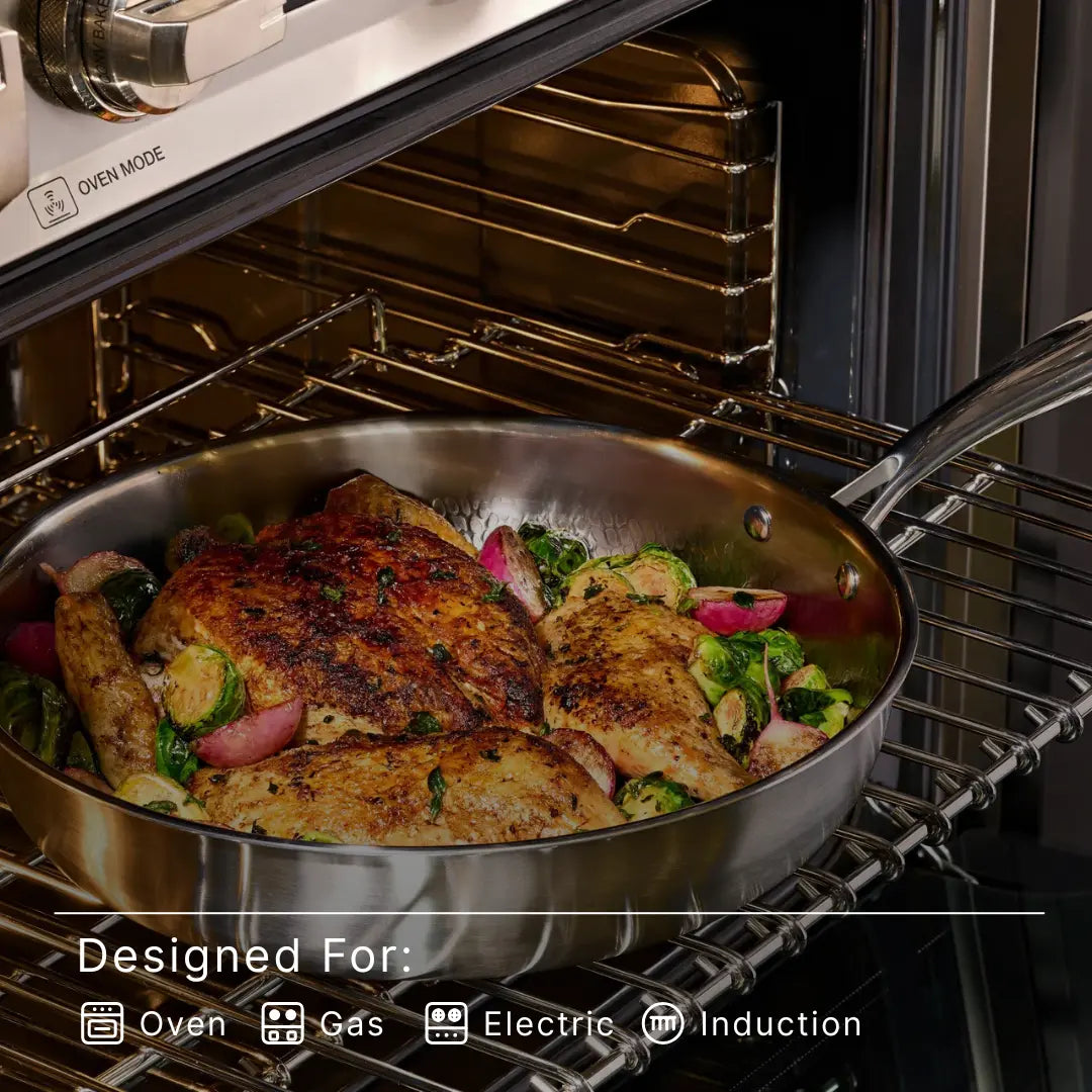 Chicken and vegetables in a Siraat Titanium Hammered Pan Pro Large, for oven, gas and induction