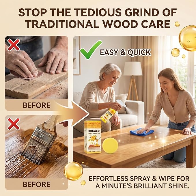 Beeswax Wood Polish Spray, Beeswax Essential Oil Wax, 2026 Upgrade Bees wax Furniture Polish and Cleaner with Sponge and Towel, Natural BeeswaxCleaner for Furniture Floors Cabinets