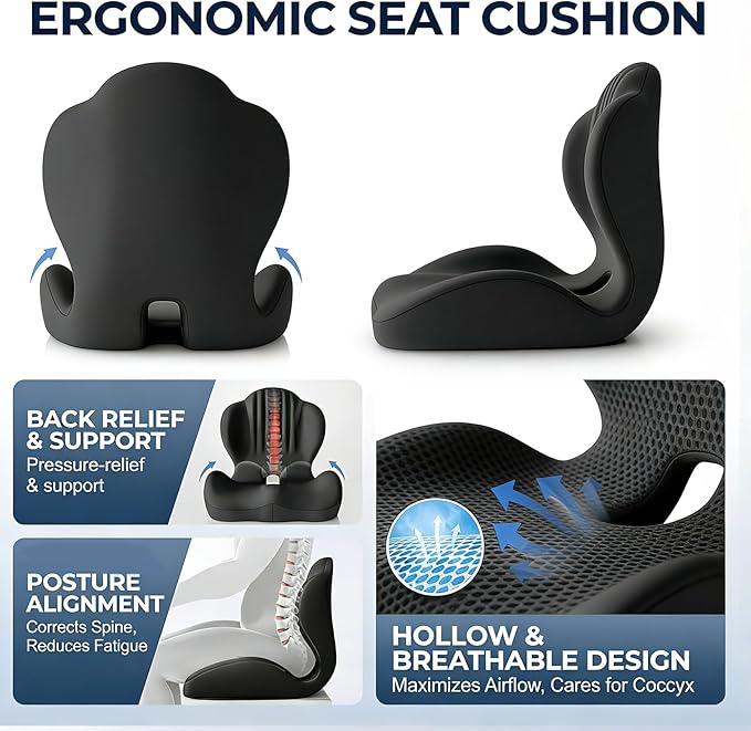 🔥Ergonomic Memory Foam Seat Cushion For Back Pain Relief And All Day Sitting Comfort