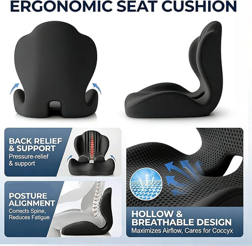 🔥Ergonomic Memory Foam Seat Cushion For Back Pain Relief And All Day Sitting Comfort