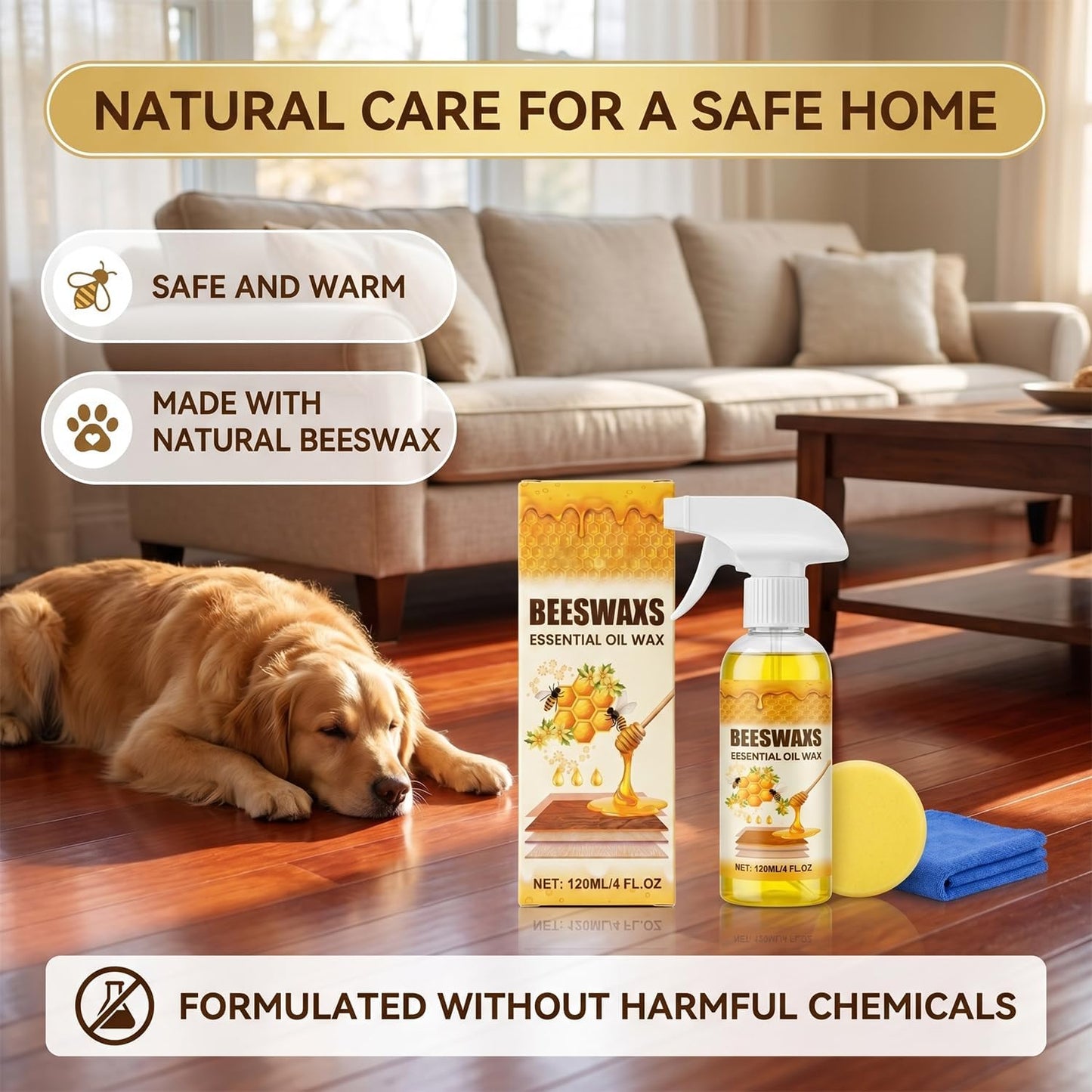 Beeswax Wood Polish Spray, Beeswax Essential Oil Wax, 2026 Upgrade Bees wax Furniture Polish and Cleaner with Sponge and Towel, Natural BeeswaxCleaner for Furniture Floors Cabinets