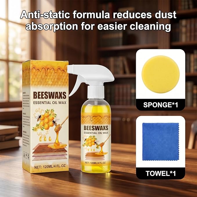 Beeswax Wood Polish Spray, Beeswax Essential Oil Wax, 2026 Upgrade Bees wax Furniture Polish and Cleaner with Sponge and Towel, Natural BeeswaxCleaner for Furniture Floors Cabinets