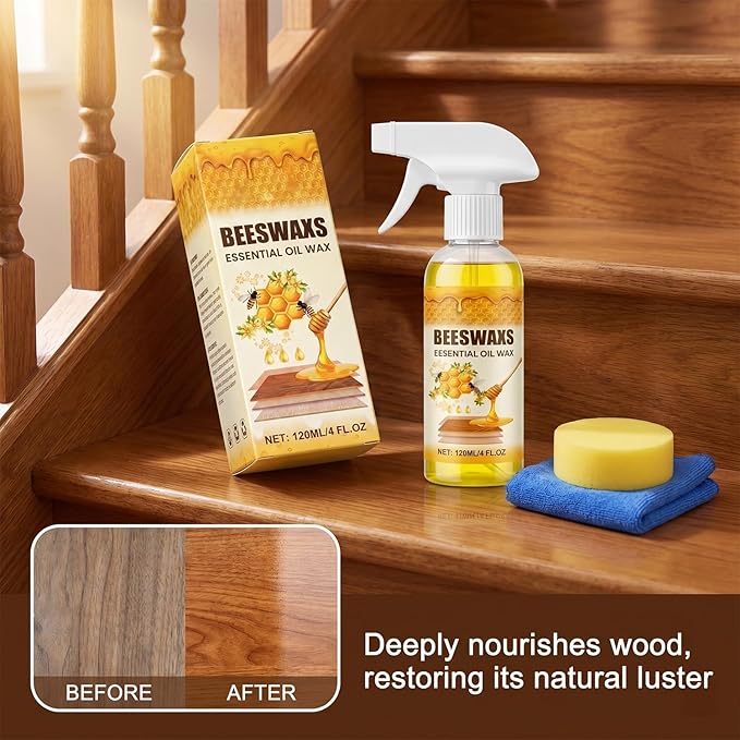 Beeswax Wood Polish Spray, Beeswax Essential Oil Wax, 2026 Upgrade Bees wax Furniture Polish and Cleaner with Sponge and Towel, Natural BeeswaxCleaner for Furniture Floors Cabinets