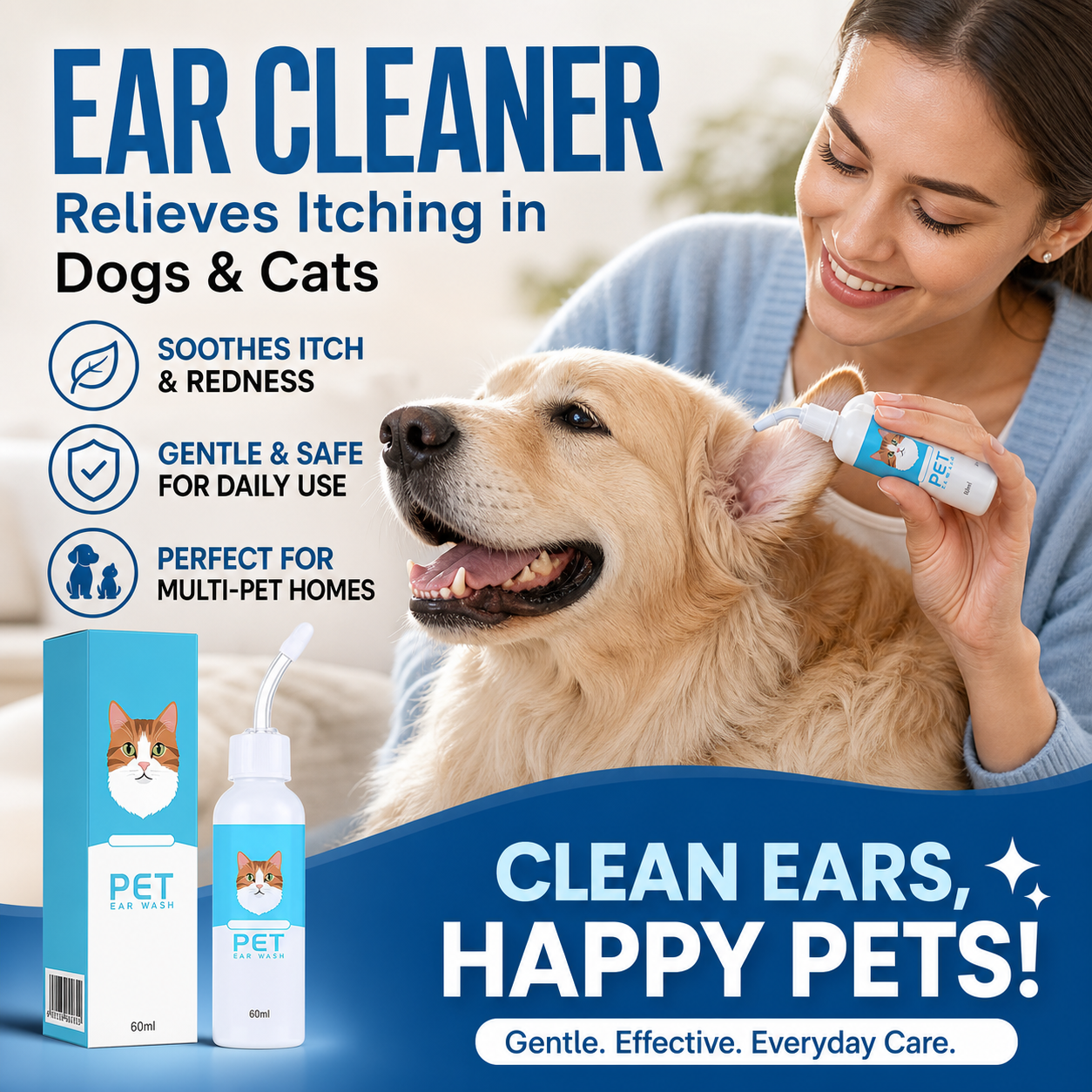 🐶 Gentle Pet Ear Cleaner for Dogs & Cats – Helps Keep Ears Clean & Fresh