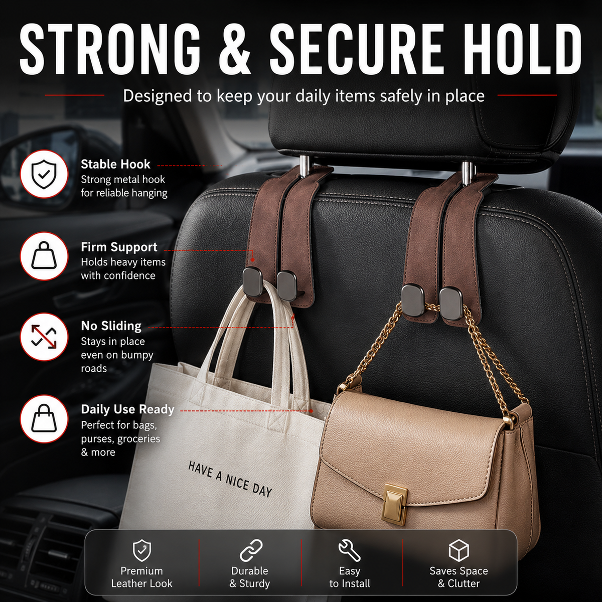 🚗stylish seat hooks – 10-second install, zero clutter.