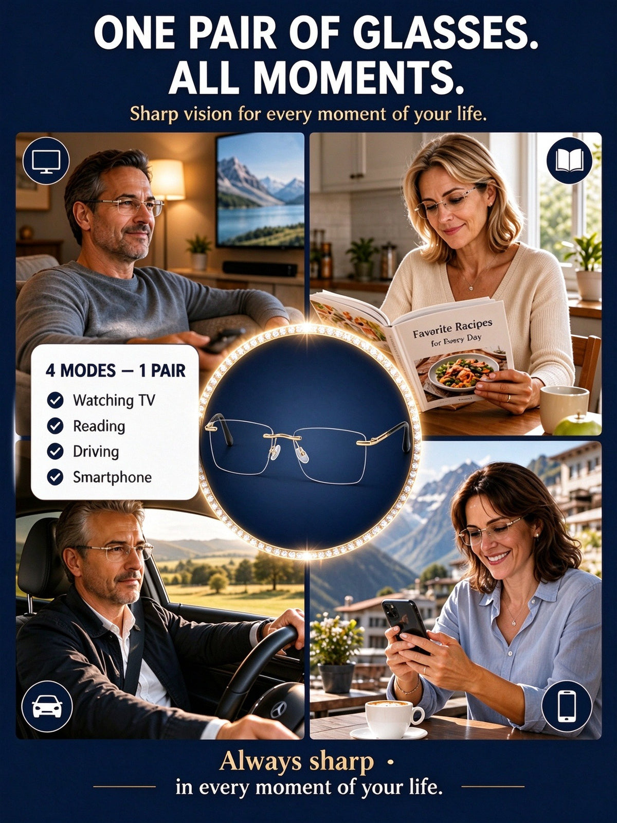 👓 Auto-Adjusting Focus: See clearly near and far without swapping glasses.