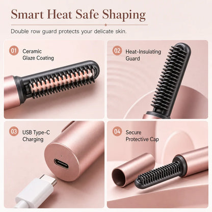 🔥50% Off Today Only! - Cordless Mini Heated Hair Straightener Brush Portable Rechargeable Hair Styling Comb for Bangs and Volumizing