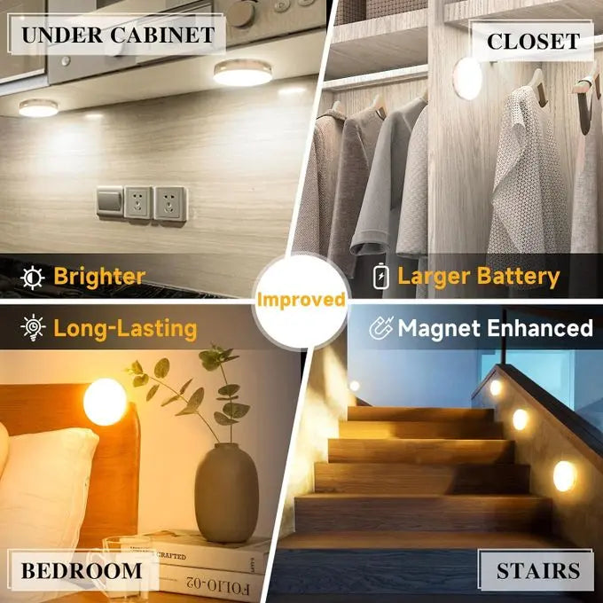 stick-on LED motion sensor lights installed under kitchen cabinets, in a closet, bedroom, and staircase.
