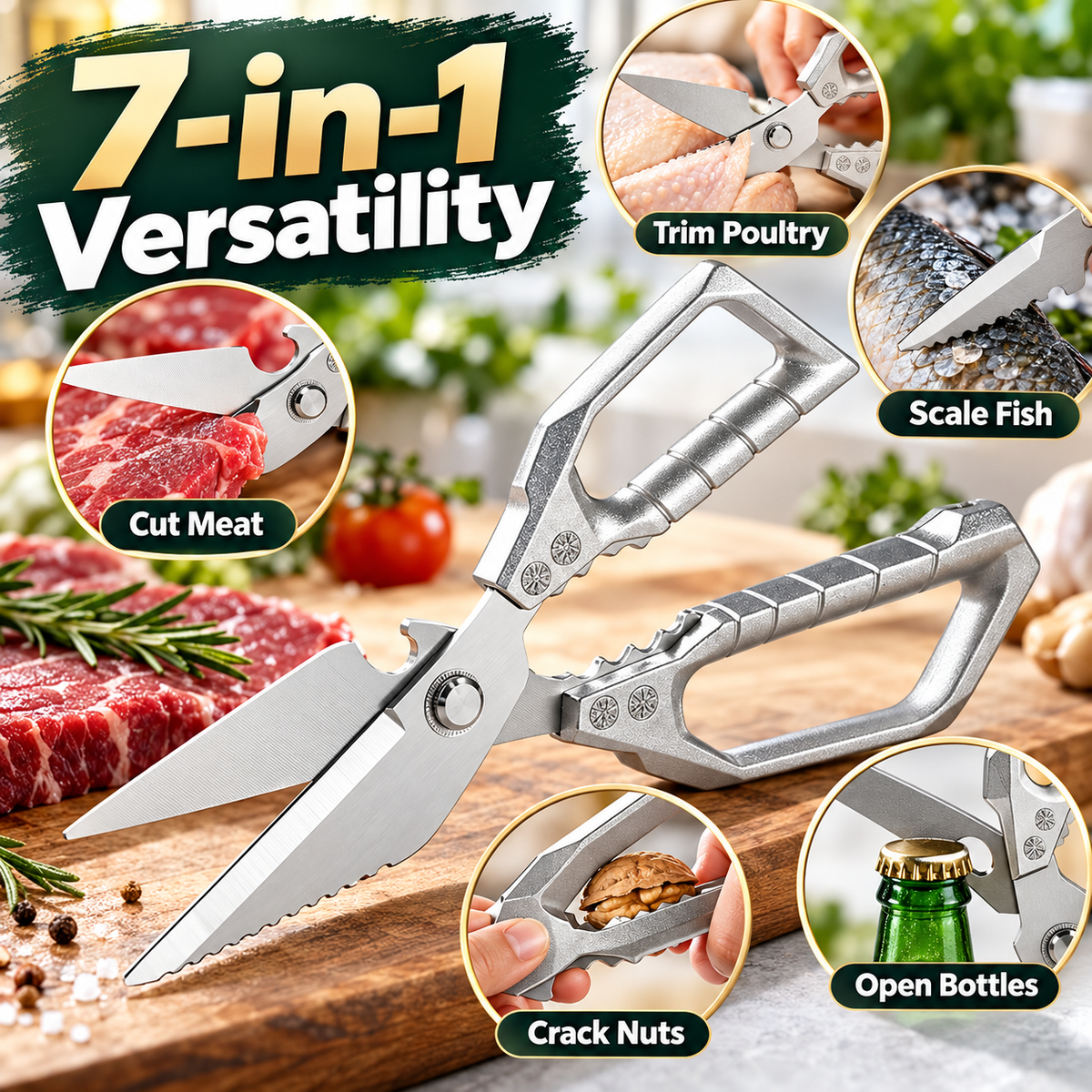 🔪🔥 7-in-1 Heavy-Duty Kitchen Shears | Detachable Stainless Steel Food Scissors