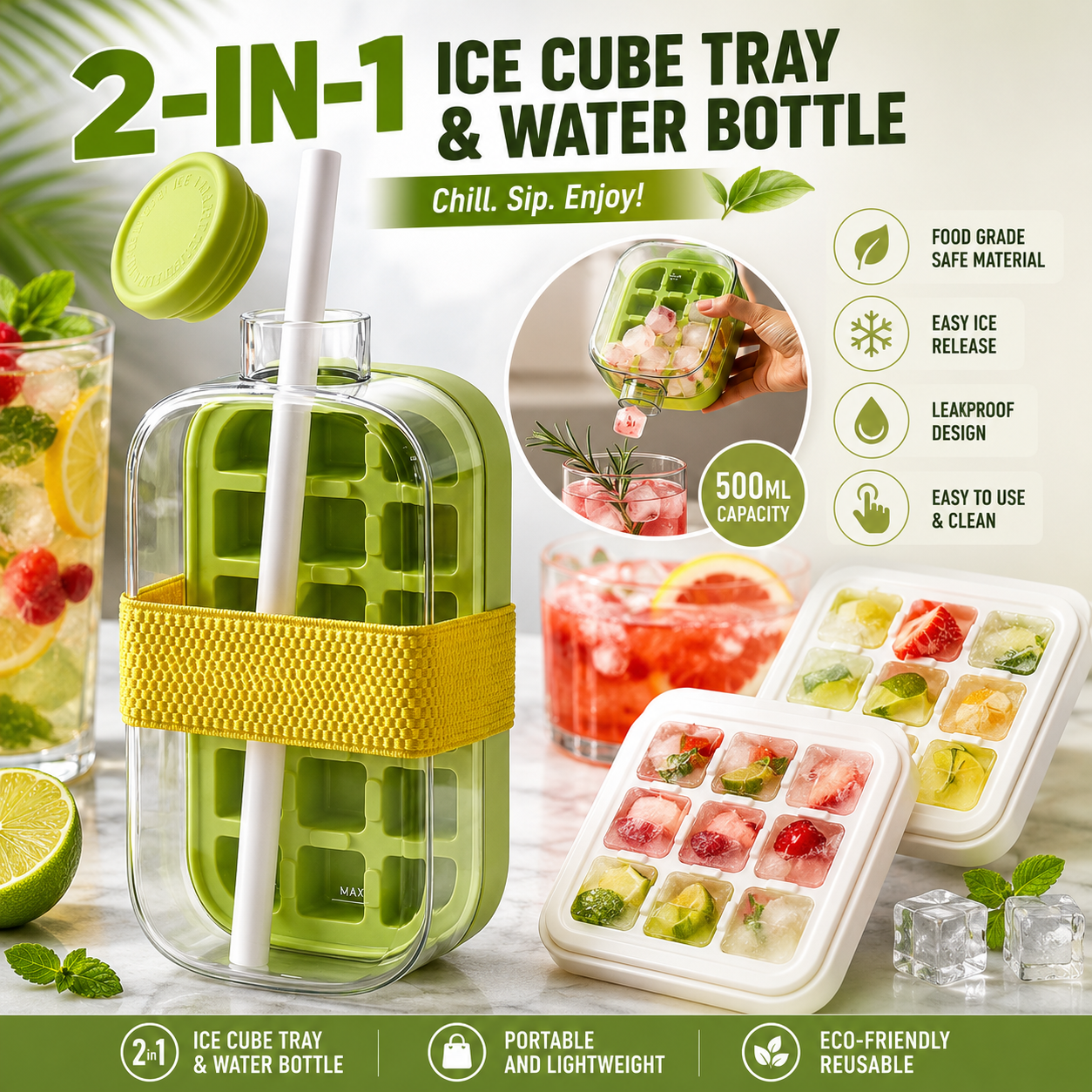 🧊2-in-1 Ice Cube Water Bottle – Make Ice Inside Your Bottle Anytime