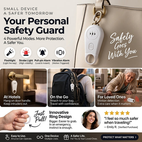 🔥 Save 50% now! 🛡️ Personal safety alarm keychain — features a 130dB loud alarm, vibration-sensing security mode, and a rechargeable flashlight with strobe function.