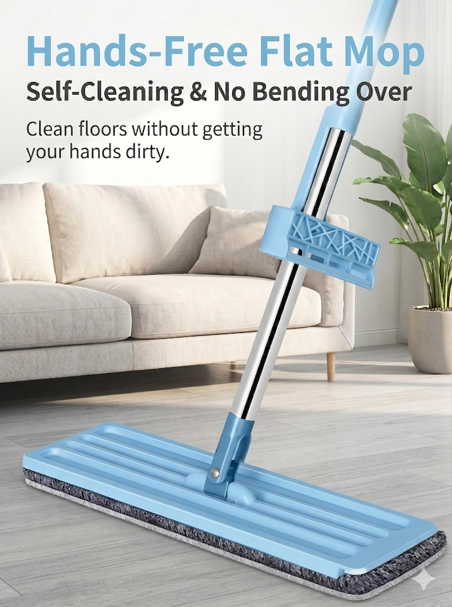 Household cleaning tool, no-rinse flat mop, suitable for both wet and dry use.