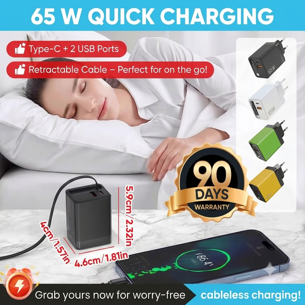⚡65W 3-in-1 Fast Charger with Retractable Cable – Charge Your Phone, Tablet & Laptop at the Same Time