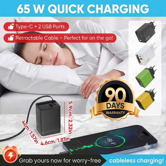 ⚡65W 3-in-1 Fast Charger with Retractable Cable – Charge Your Phone, Tablet & Laptop at the Same Time