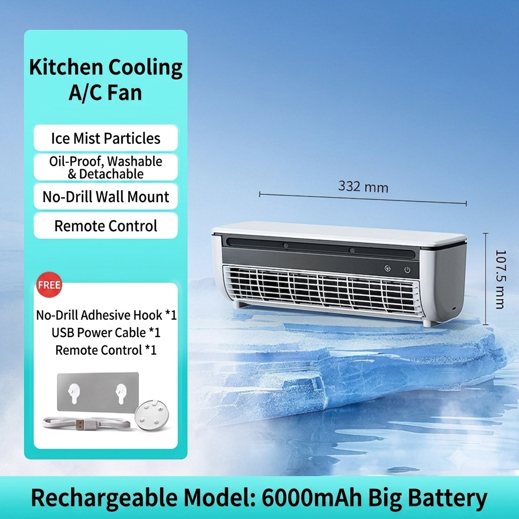 🔥 Drill-Free Wall Mount Ice Mist Cooling Fan, Wireless Rechargeable Portable Air Cooler, No Drill Hanging Cold Fan for Kitchen Household Use