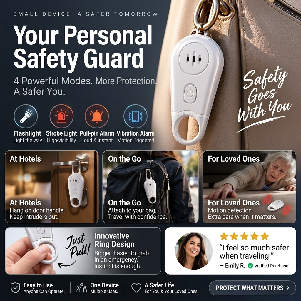 🔥 Save 50% now! 🛡️ Personal safety alarm keychain — features a 130dB loud alarm, vibration-sensing security mode, and a rechargeable flashlight with strobe function.