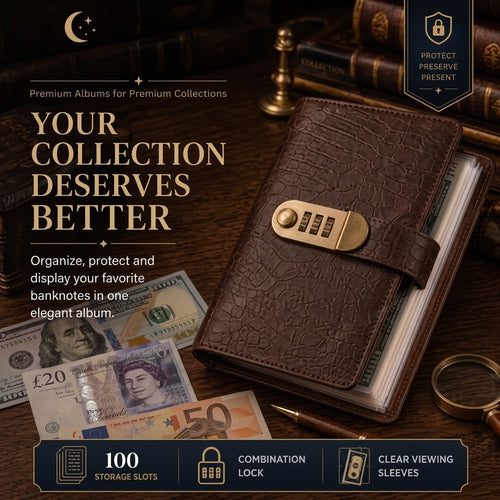 🎁Transparent-Pocket Currency Collectors Album, Top-Grade PU Leather, Password Lock, Durable Material, Secure Protection