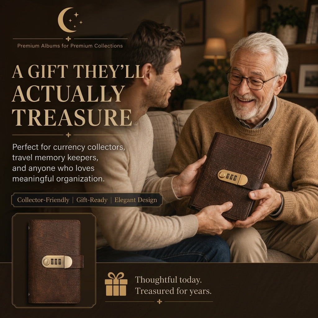 🎁Transparent-Pocket Currency Collectors Album, Top-Grade PU Leather, Password Lock, Durable Material, Secure Protection