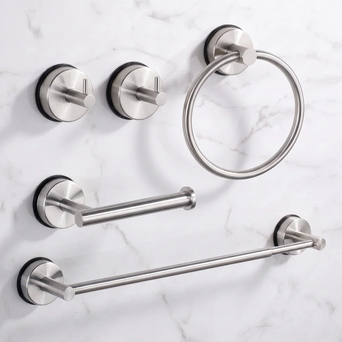 KL Home badkamer accessoires zonder boren in geborsteld RVS: haken, handdoekring, toiletrolhouder en handdoekstang