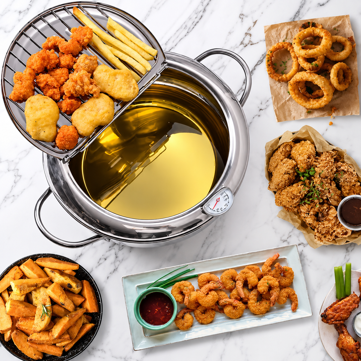 🍳Stainless Steel Tempura Deep Fryer | With Thermometer & Oil Draining Rack, Perfect for Home Deep Frying