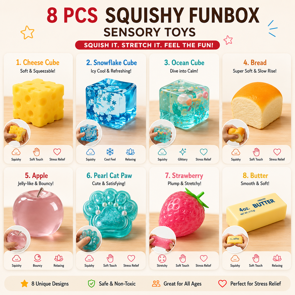Hot sale🔥8-Piece Mystery Squishy Box — Ultimate Malt Sugar Stress Relief Sensory Bundle