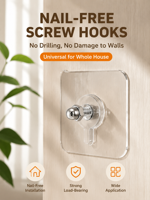 No-Drill Adhesive Screw Hooks for Wall Mounting