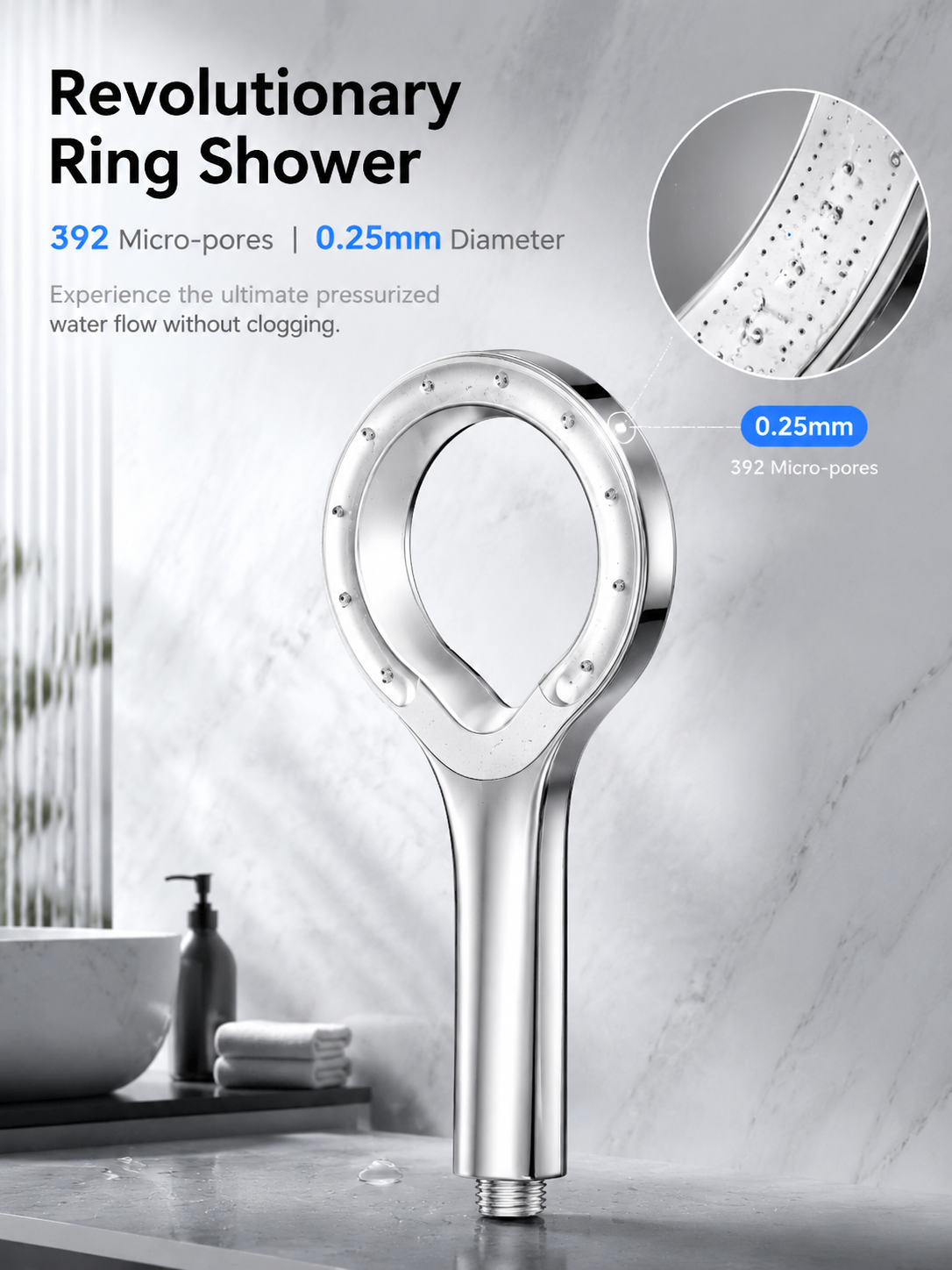Hollow Ring Pressurized Handheld Shower Head, Negative Ion Oxygenation Filter Shower Purify Water Remove Harmful Impurities for Daily Beauty Skin Care