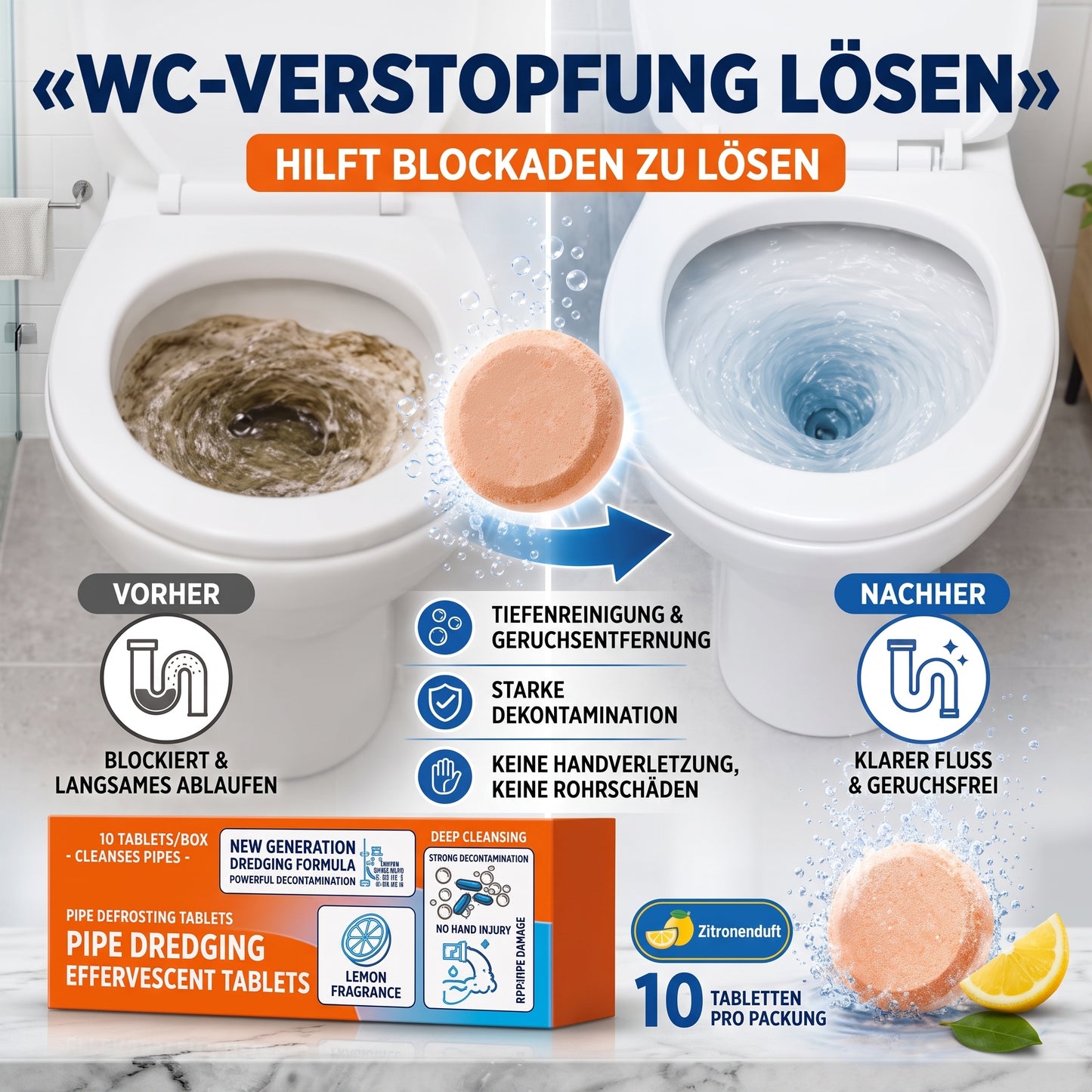 🚿 Schnell wirkende Brausetabletten zur Abflussreinigung – Beseitigt sofort hartnäckige Verstopfungen und Gerüche.