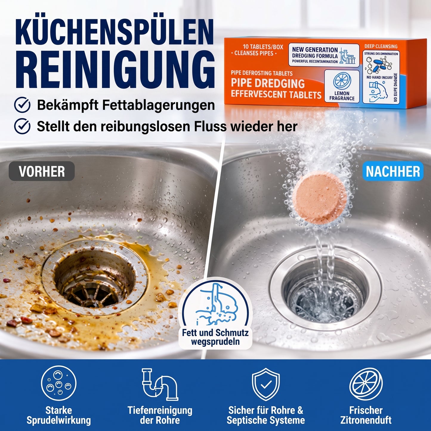 🚿 Schnell wirkende Brausetabletten zur Abflussreinigung – Beseitigt sofort hartnäckige Verstopfungen und Gerüche.