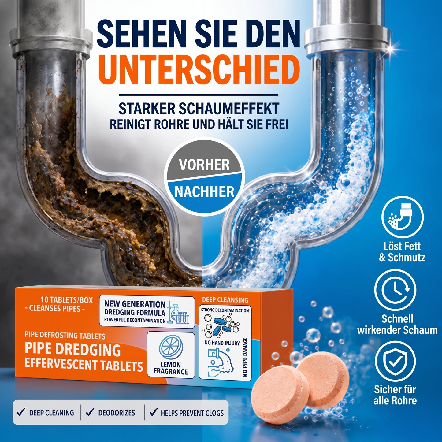 🚿 Schnell wirkende Brausetabletten zur Abflussreinigung – Beseitigt sofort hartnäckige Verstopfungen und Gerüche.