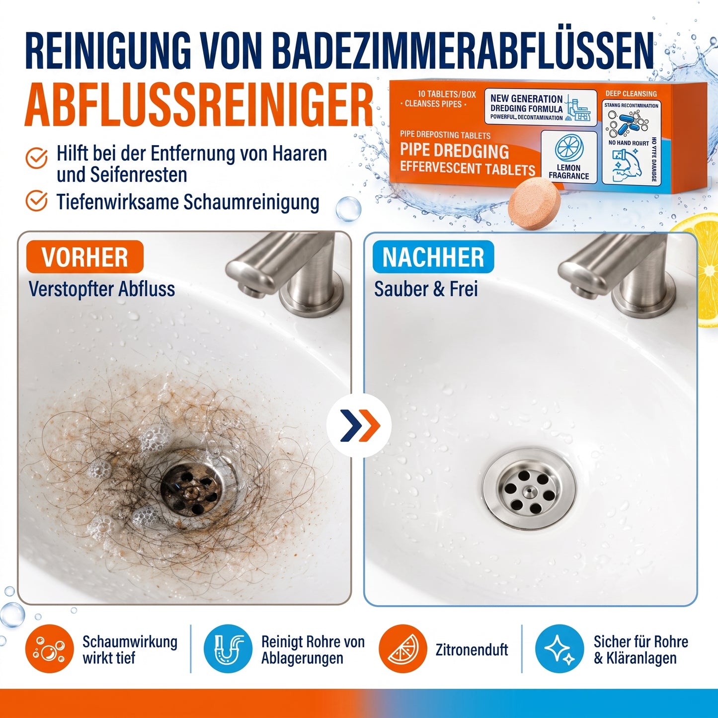 🚿 Schnell wirkende Brausetabletten zur Abflussreinigung – Beseitigt sofort hartnäckige Verstopfungen und Gerüche.