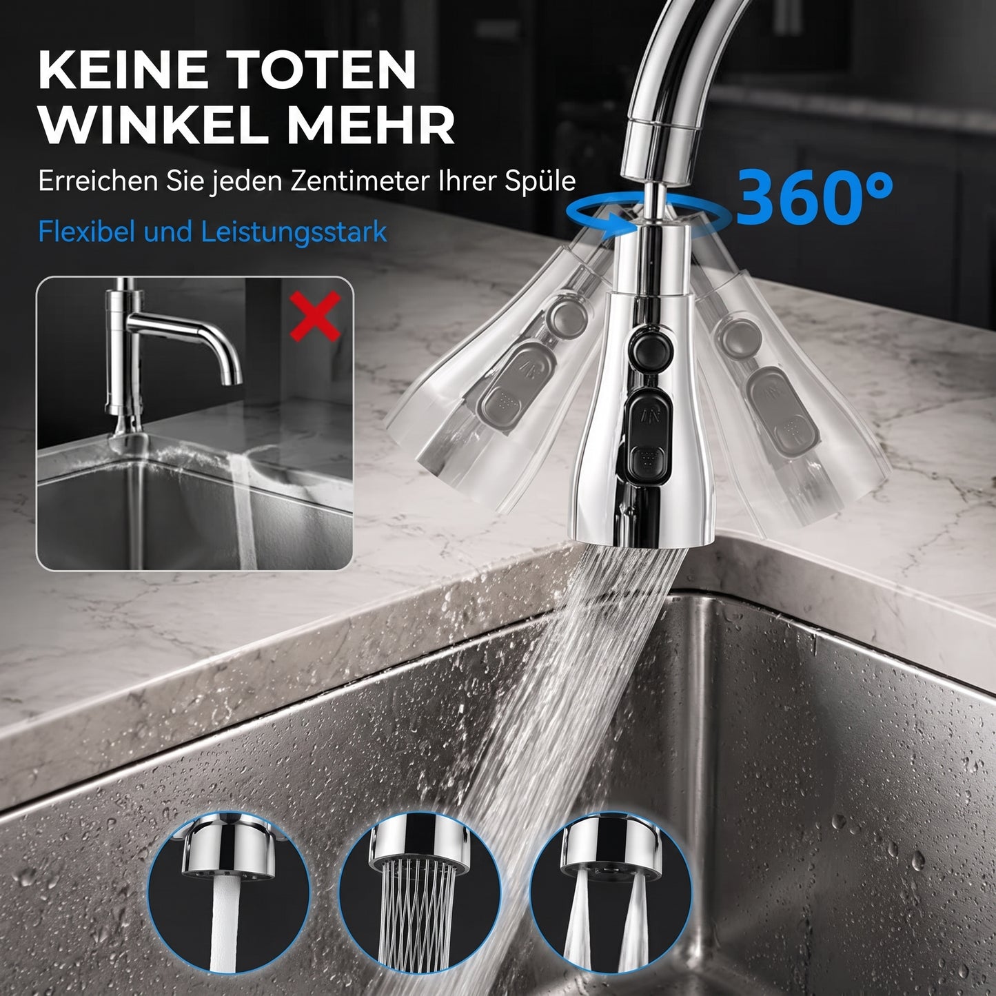 🔥 360° drehbarer Wasserhahnaufsatz mit 3 Strahlarten für müheloses Reinigen